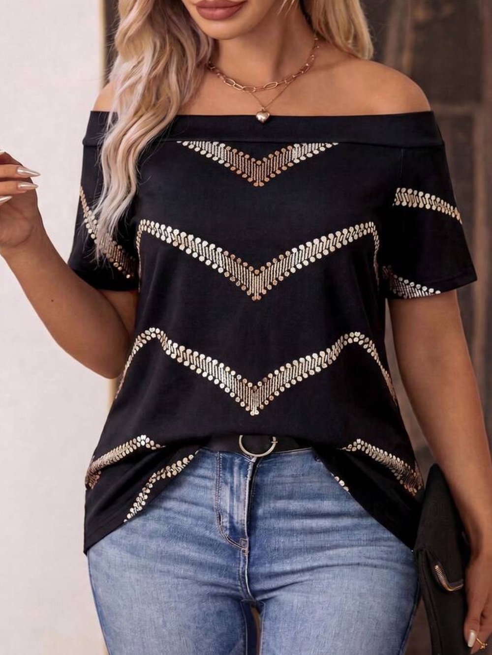 Off-Shoulder Black and Gold  Print Women’s Top - Brown